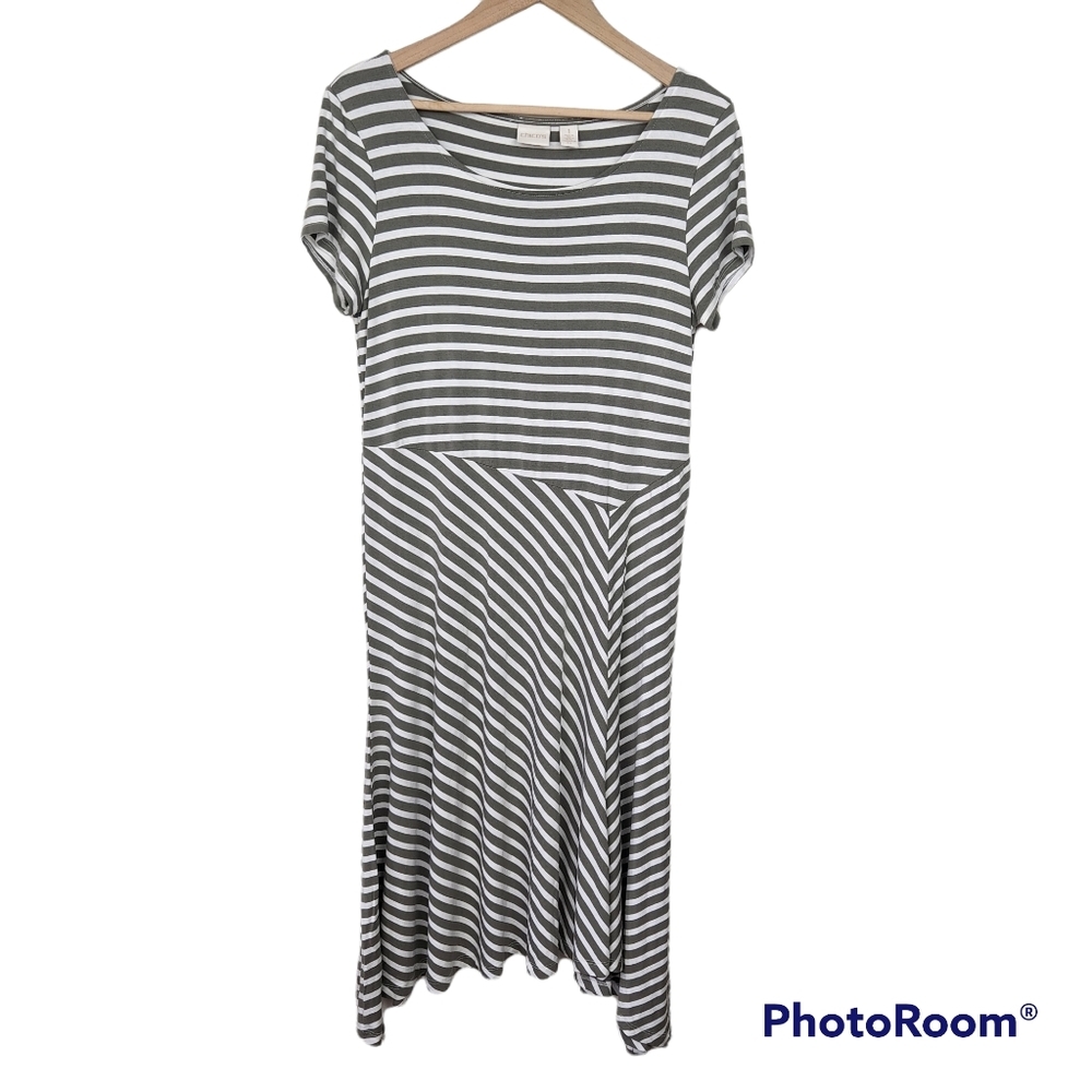 Chico's Cayla Green White Stripe Swing Midi Dress Cap Sleeve Sz 1 Medium